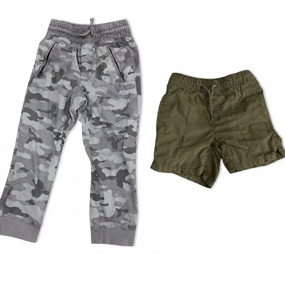 Gap Kids Boys Size 5 Camo Jogger Pants and Olive Green Shorts Bundle Set